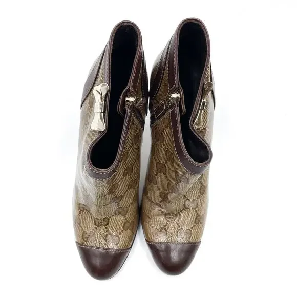 Gucci GG Booties Brown Monogram Patent Stiletto Gold Bow Cap Toe Sz 36 / 6